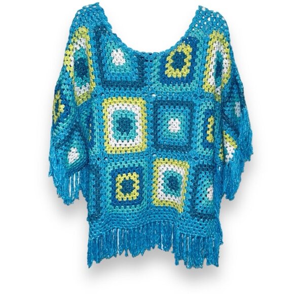 Boston Proper Size XS/S Blue Multi Lurex Slouchy Crochet Poncho - Picture 2 of 8